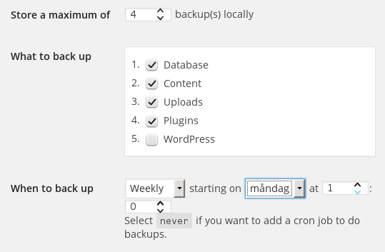 Inställningar ändrade för plugin "backup" i WordPress. Antal = 4, tidpunkt=varje vecka kl 01:00